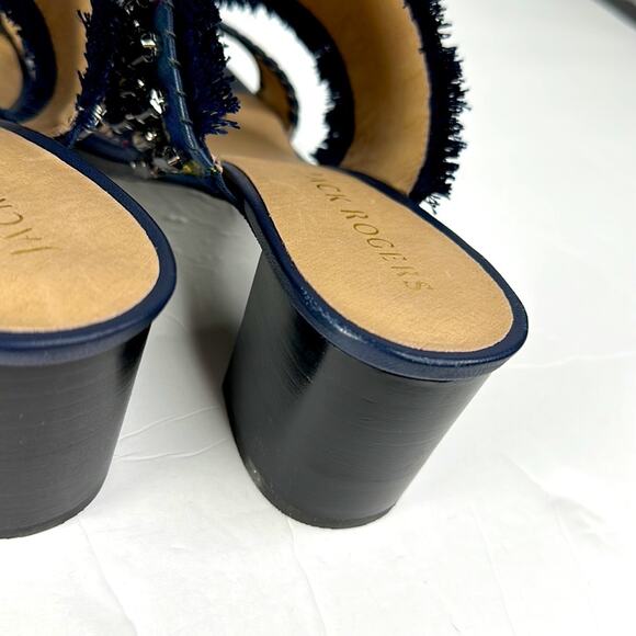 Jack Rogers Beatrix Bejeweled Plaid Block Heel Sandal Navy Green Size 9 New - Picture 8 of 14